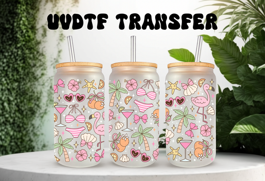 UVDTF Wrap Girly Flamingo Beaches 16oz Can Glass Mug Tumbler, Ready to apply, Permanent Waterproof Adhesive, Add on a Cup