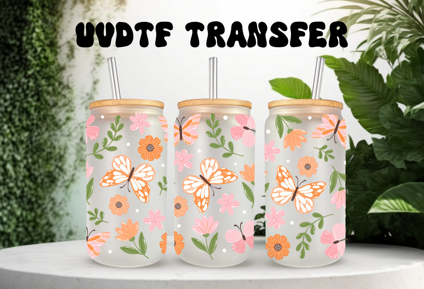 UVDTF Wrap Floral Butterfly 16oz Can Glass Mug Tumbler Wrap, Butterfly Wrap, Ready to apply, Permanent Adhesive, Double sided option