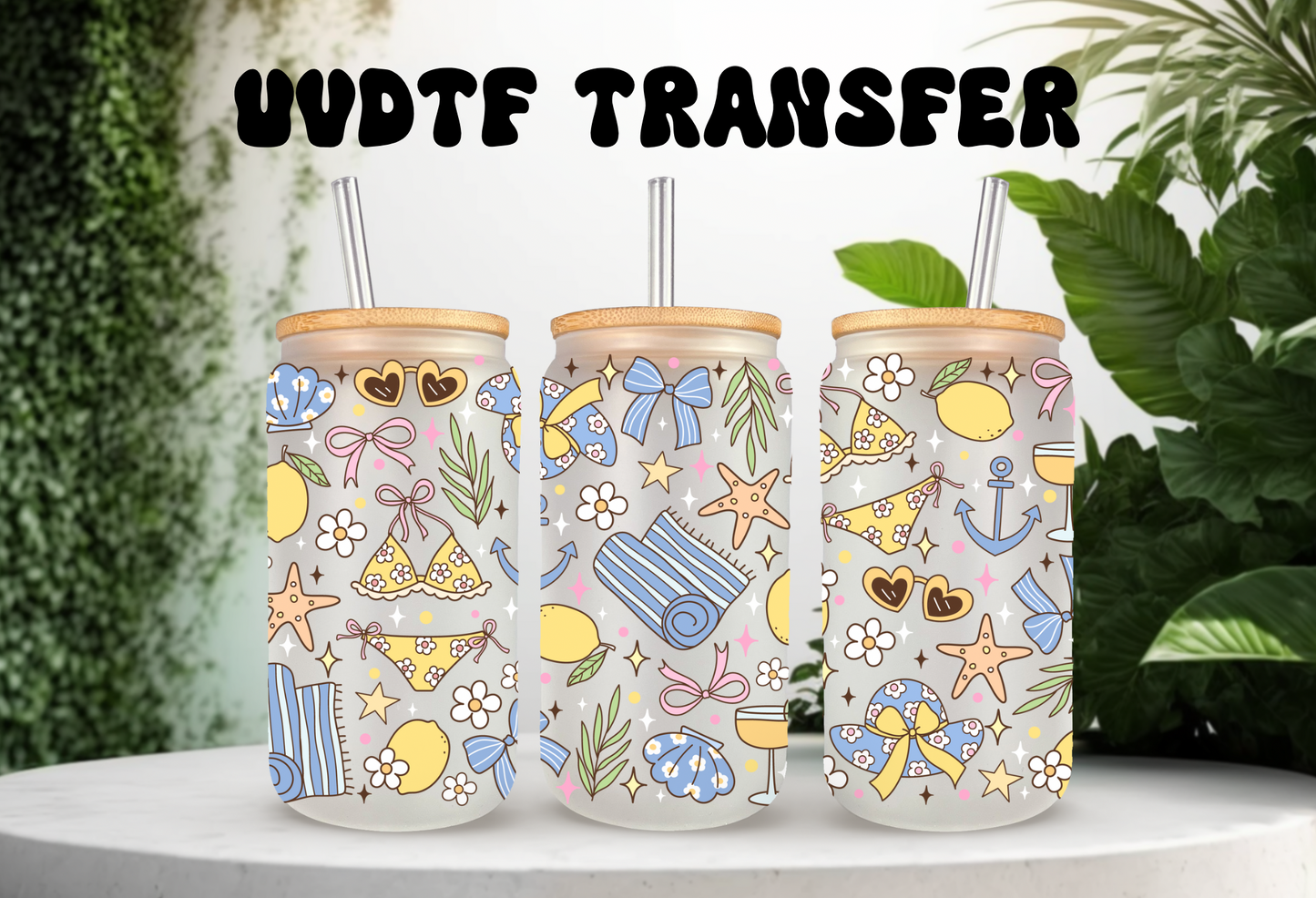 UVDTF Wrap Girly Summer Lemon 16oz Can Glass Mug Tumbler, Fruit Summer Design Ready to apply, Permanent Waterproof Adhesive