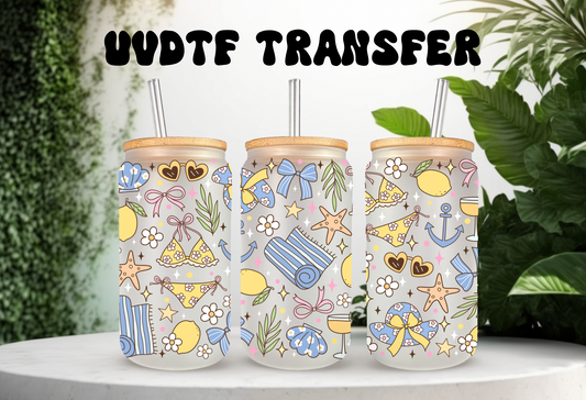 UVDTF Wrap Girly Summer Lemon 16oz Can Glass Mug Tumbler, Fruit Summer Design Ready to apply, Permanent Waterproof Adhesive
