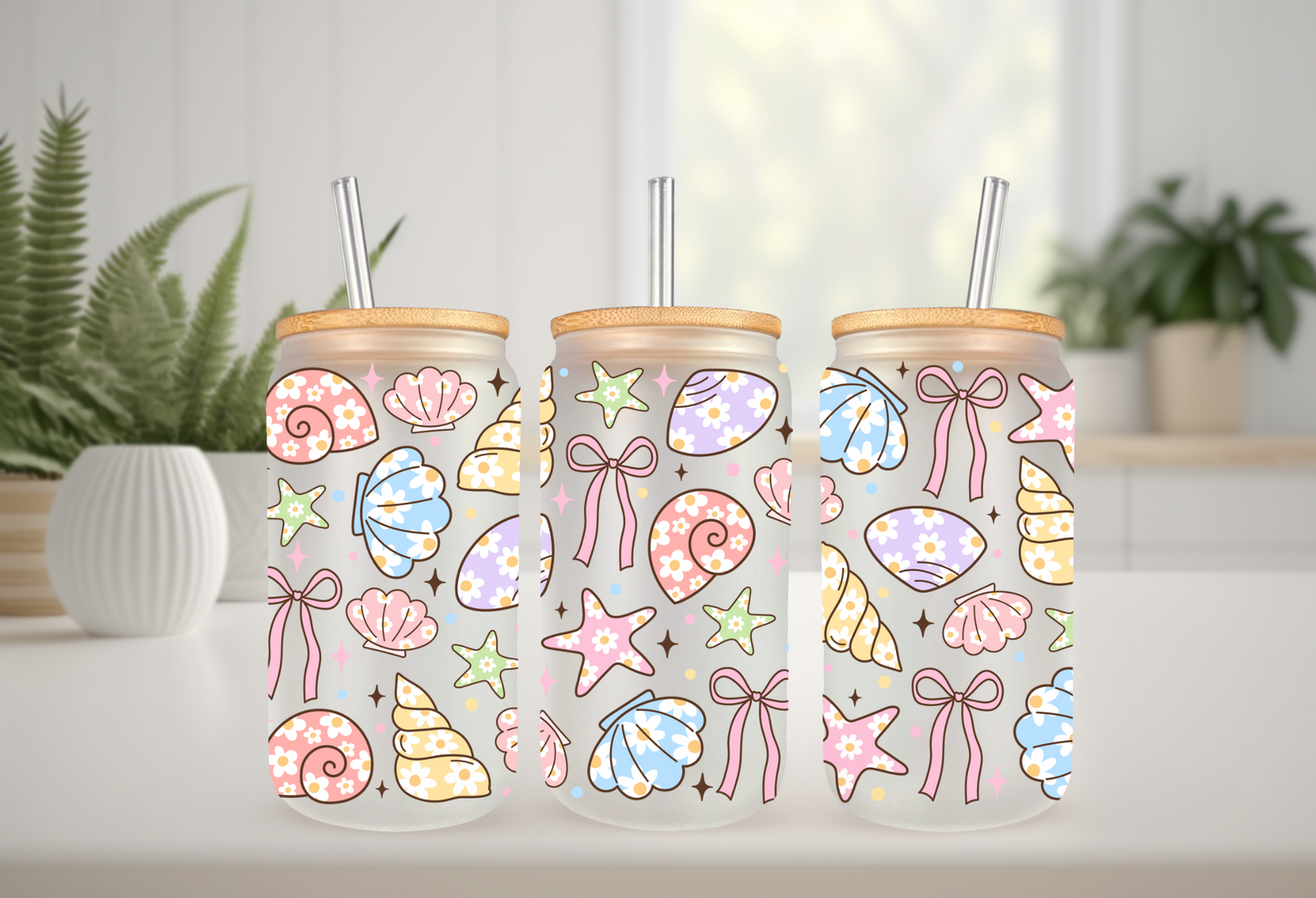 UVDTF Wrap Colorful Seashells 16oz Can Glass Mug Tumbler, Ready to apply, Permanent Waterproof Adhesive, Add on a Cup