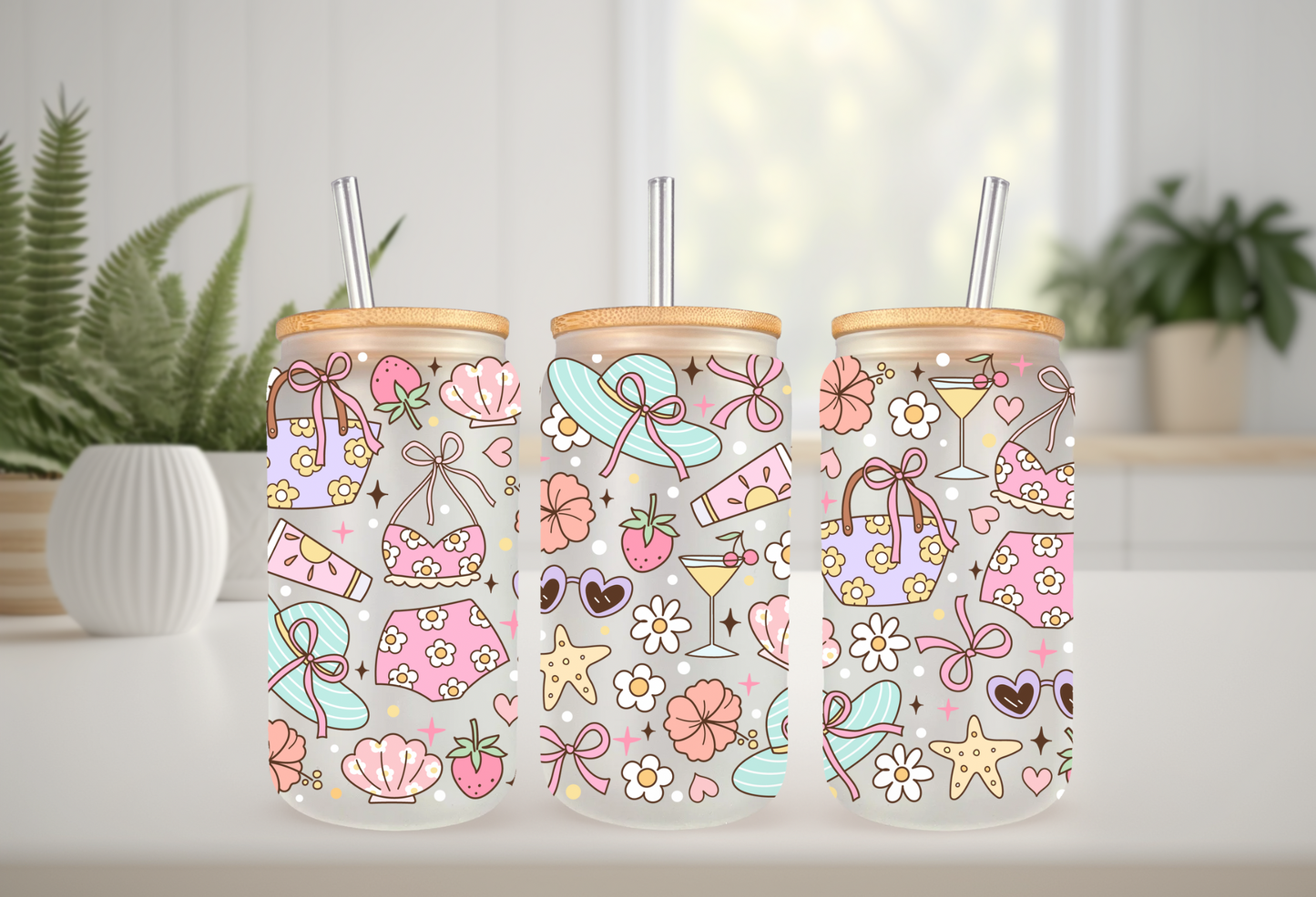 UVDTF Wrap Girly Floral Beach 16oz Can Glass Mug Tumbler, Ready to apply, Permanent Waterproof Adhesive, Add on a Cup (Copy)