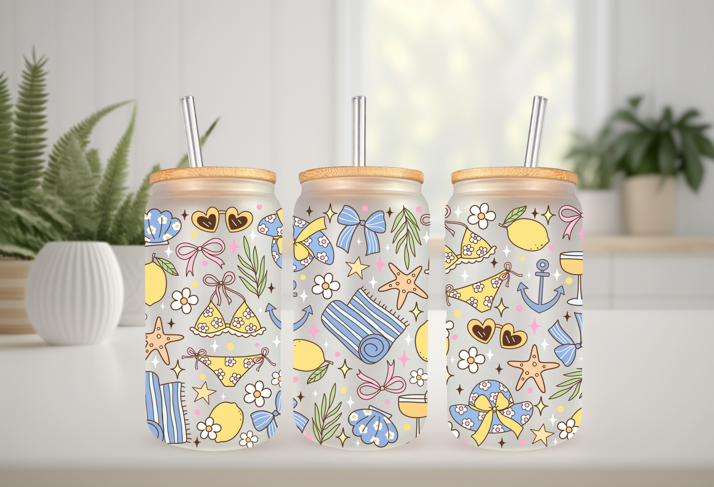 UVDTF Wrap Girly Summer Lemon 16oz Can Glass Mug Tumbler, Fruit Summer Design Ready to apply, Permanent Waterproof Adhesive