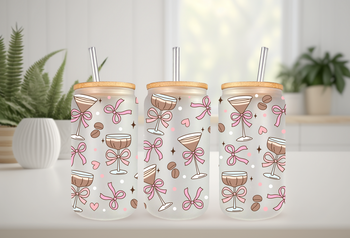 UVDTF Wrap Coquette Bow Expresso Martini 16oz Can Glass Mug Tumbler, Ready to apply, Permanent Waterproof Adhesive, Add on a Cup