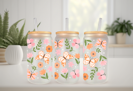 UVDTF Wrap Floral Butterfly 16oz Can Glass Mug Tumbler Wrap, Butterfly Wrap, Ready to apply, Permanent Adhesive, Double sided option