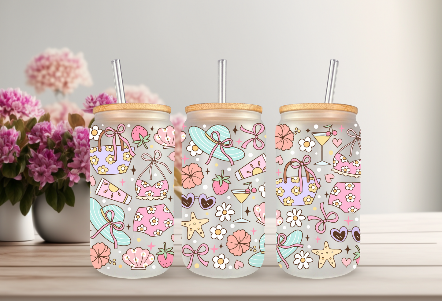 UVDTF Wrap Girly Floral Beach 16oz Can Glass Mug Tumbler, Ready to apply, Permanent Waterproof Adhesive, Add on a Cup (Copy)