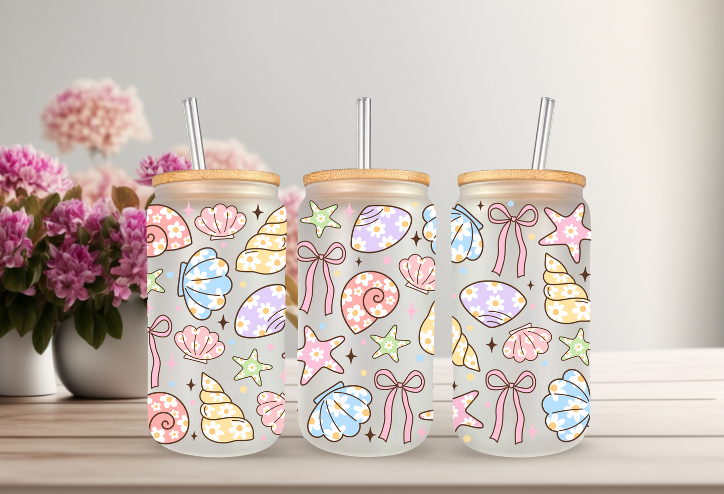 UVDTF Wrap Colorful Seashells 16oz Can Glass Mug Tumbler, Ready to apply, Permanent Waterproof Adhesive, Add on a Cup