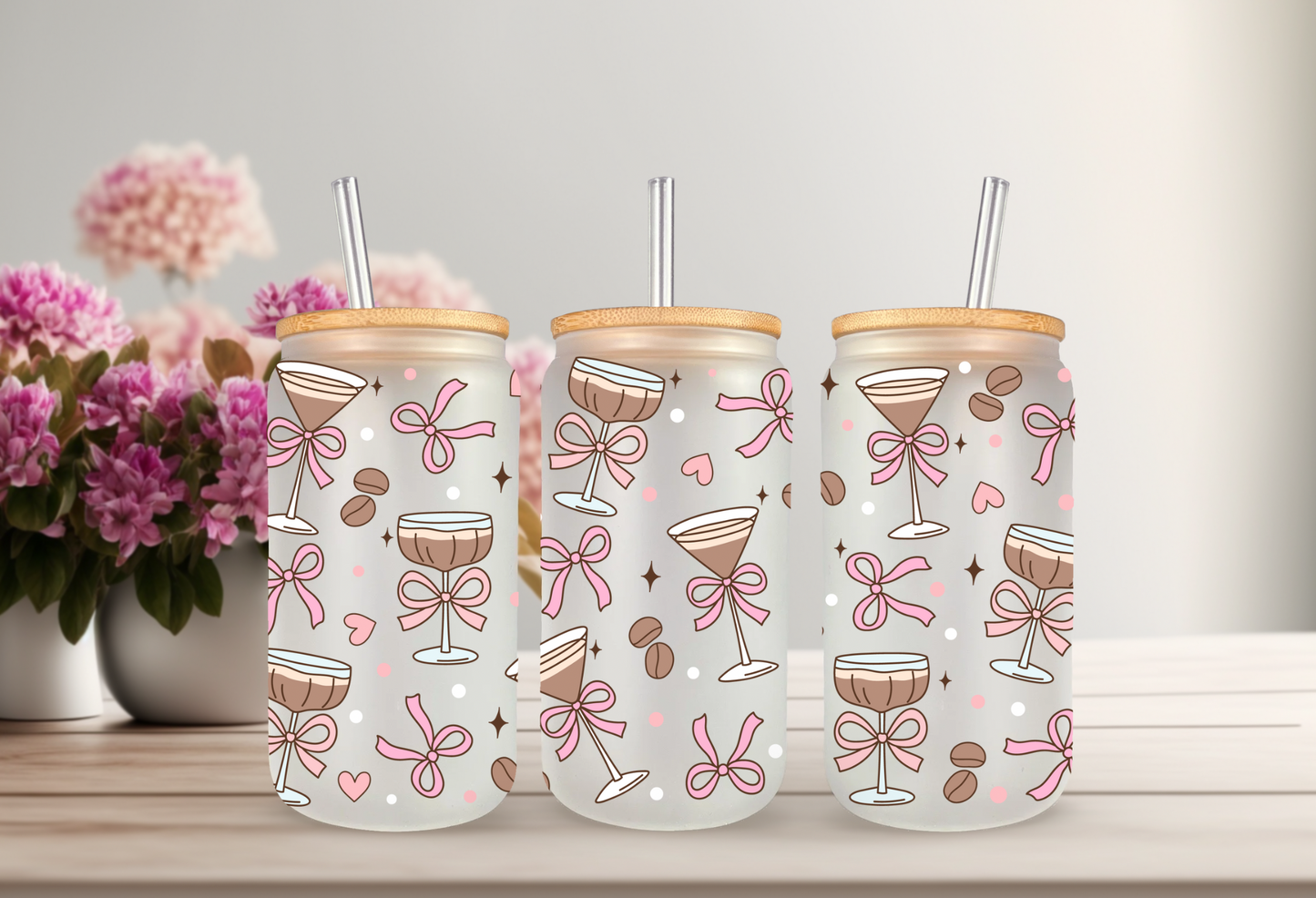 UVDTF Wrap Coquette Bow Expresso Martini 16oz Can Glass Mug Tumbler, Ready to apply, Permanent Waterproof Adhesive, Add on a Cup