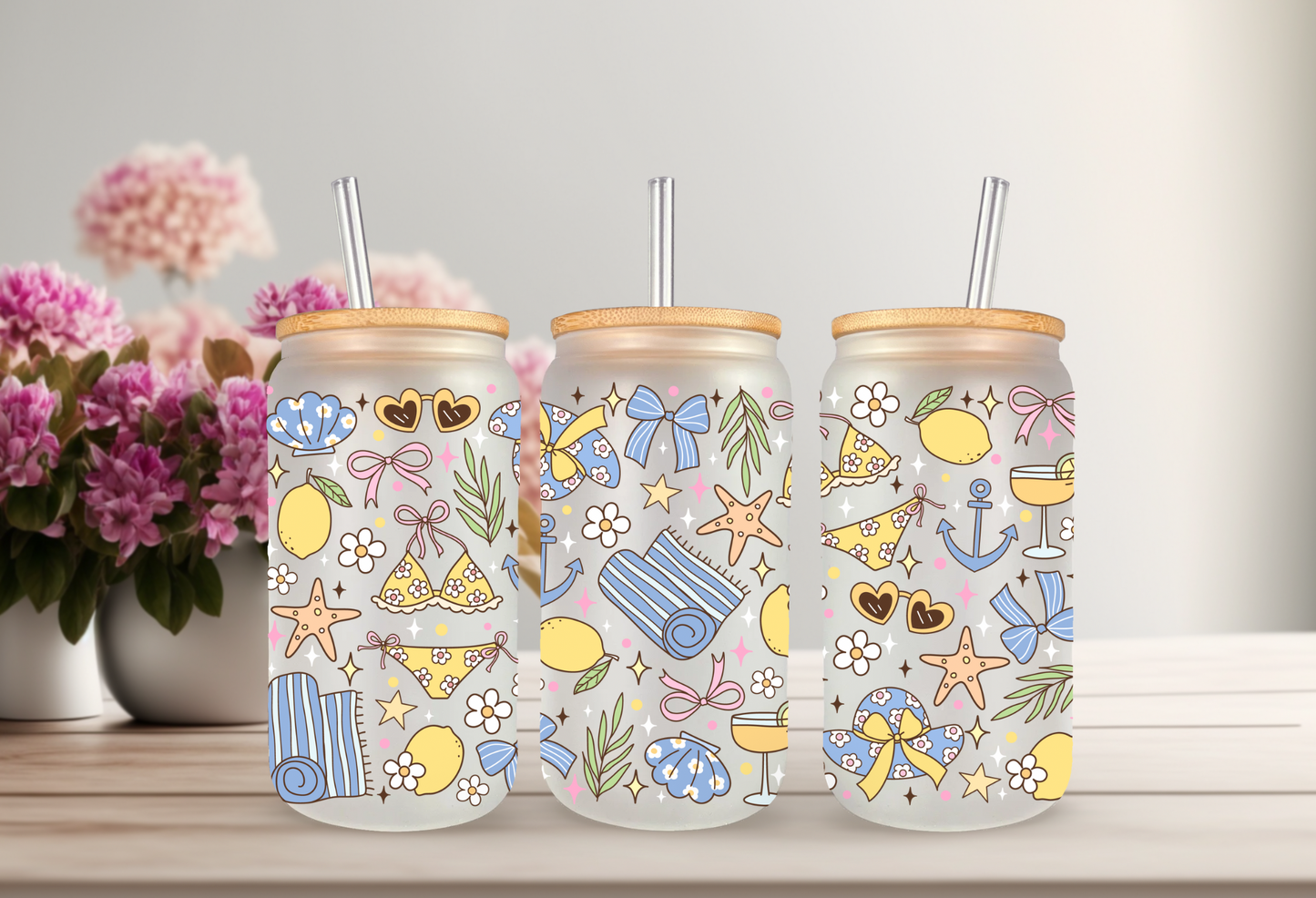 UVDTF Wrap Girly Summer Lemon 16oz Can Glass Mug Tumbler, Fruit Summer Design Ready to apply, Permanent Waterproof Adhesive