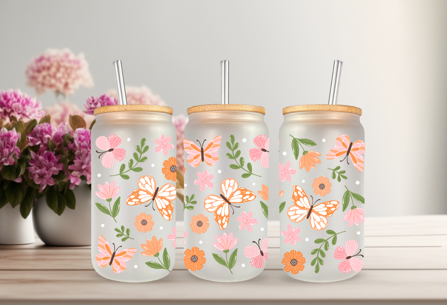 UVDTF Wrap Floral Butterfly 16oz Can Glass Mug Tumbler Wrap, Butterfly Wrap, Ready to apply, Permanent Adhesive, Double sided option