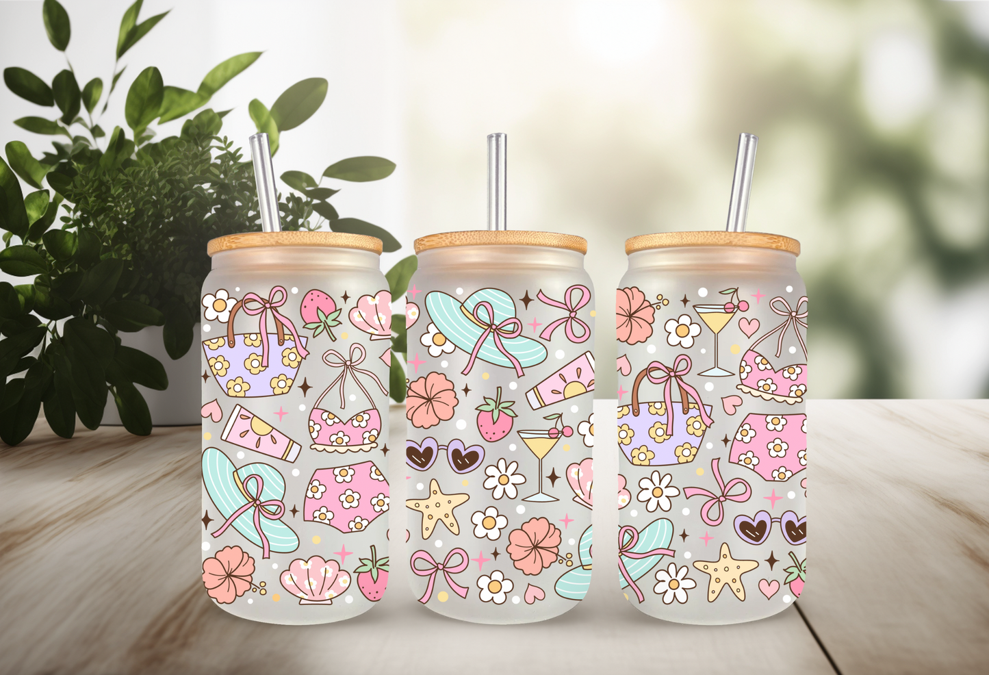 UVDTF Wrap Girly Floral Beach 16oz Can Glass Mug Tumbler, Ready to apply, Permanent Waterproof Adhesive, Add on a Cup (Copy)