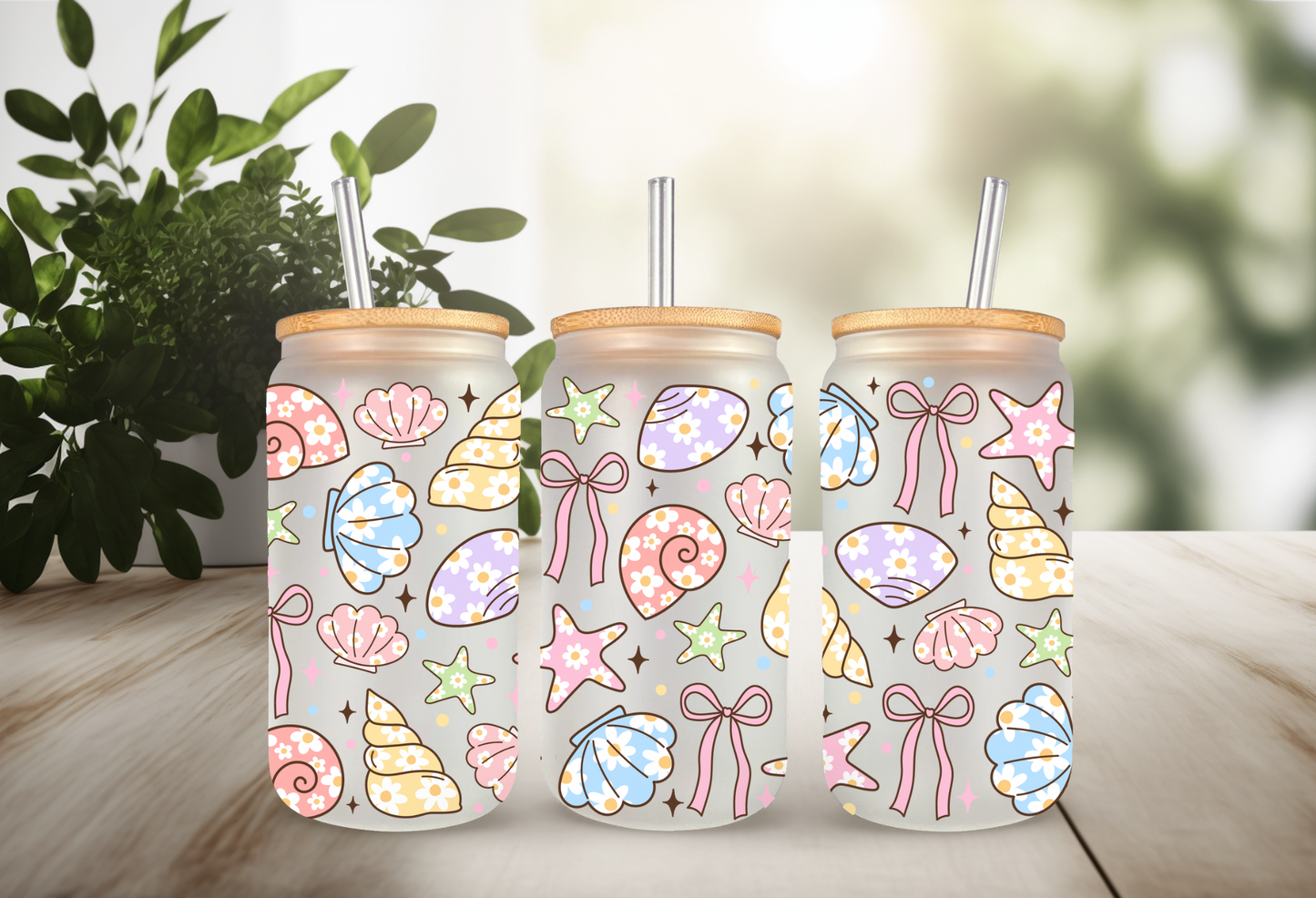 UVDTF Wrap Colorful Seashells 16oz Can Glass Mug Tumbler, Ready to apply, Permanent Waterproof Adhesive, Add on a Cup