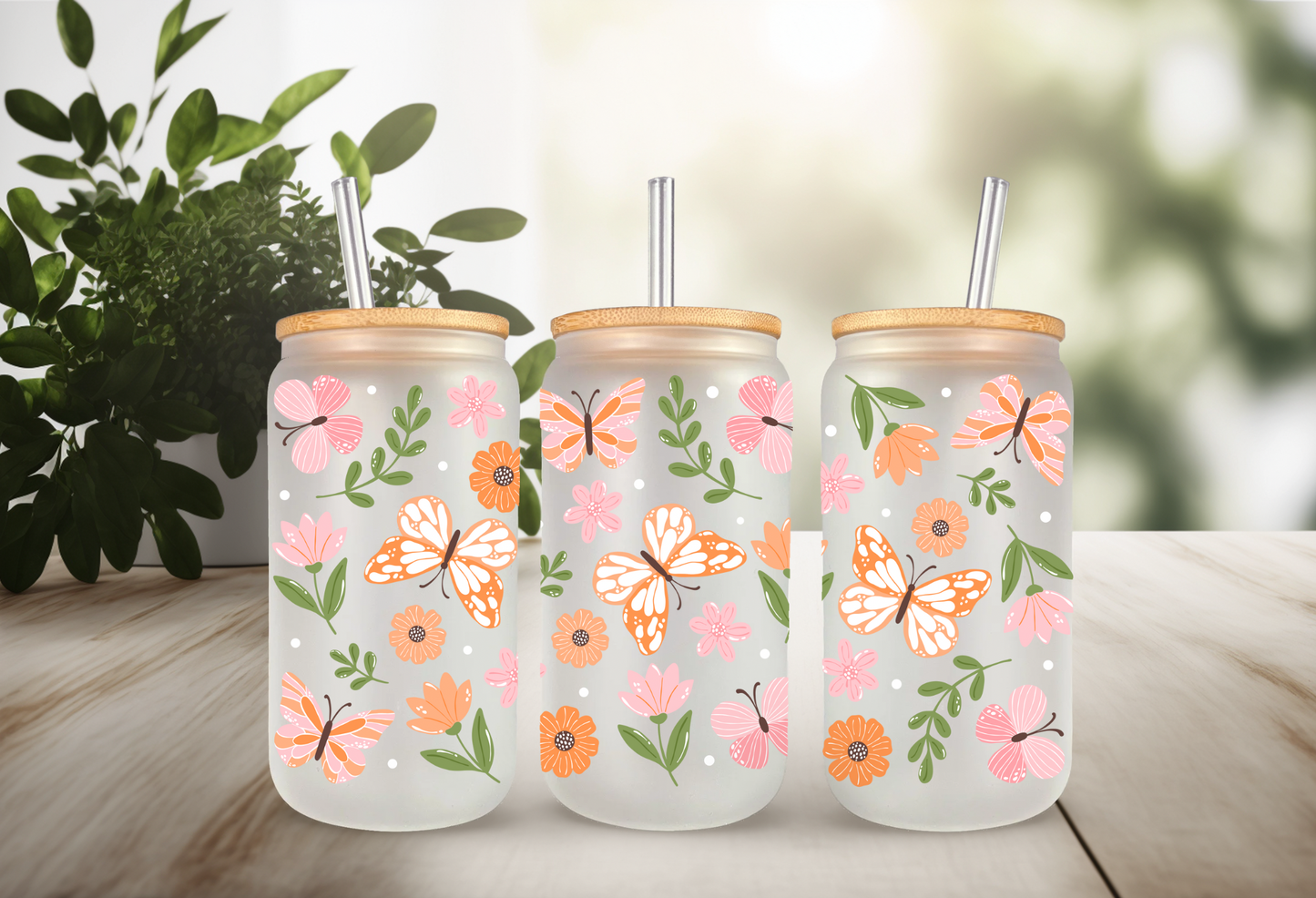 UVDTF Wrap Floral Butterfly 16oz Can Glass Mug Tumbler Wrap, Butterfly Wrap, Ready to apply, Permanent Adhesive, Double sided option