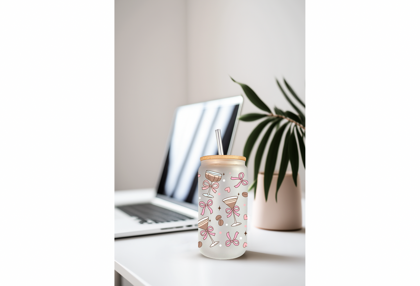 UVDTF Wrap Coquette Bow Expresso Martini 16oz Can Glass Mug Tumbler, Ready to apply, Permanent Waterproof Adhesive, Add on a Cup