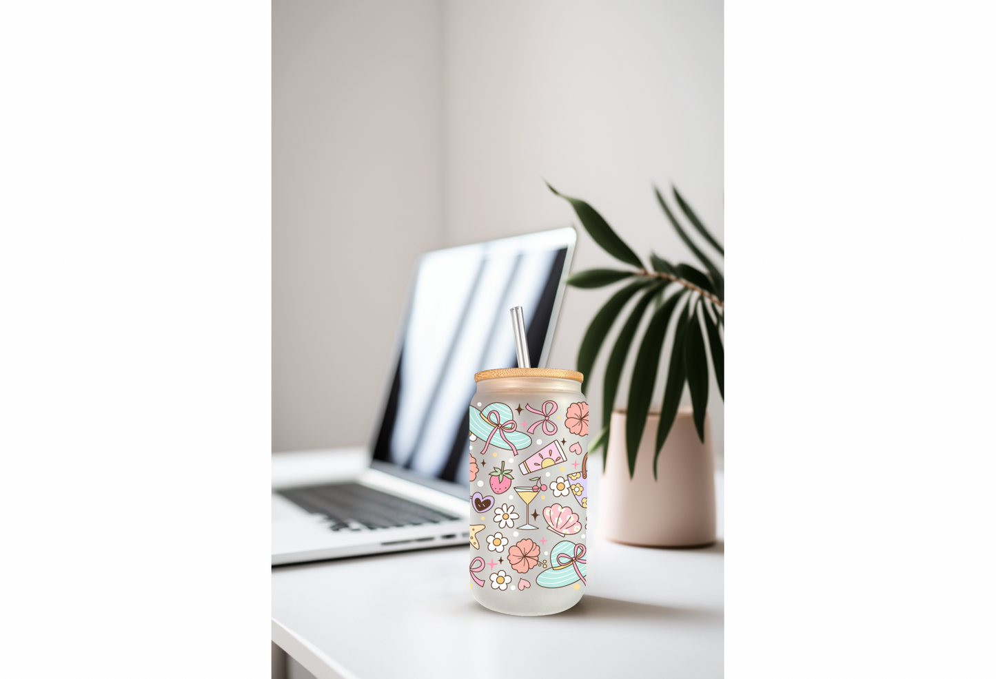 UVDTF Wrap Girly Floral Beach 16oz Can Glass Mug Tumbler, Ready to apply, Permanent Waterproof Adhesive, Add on a Cup (Copy)