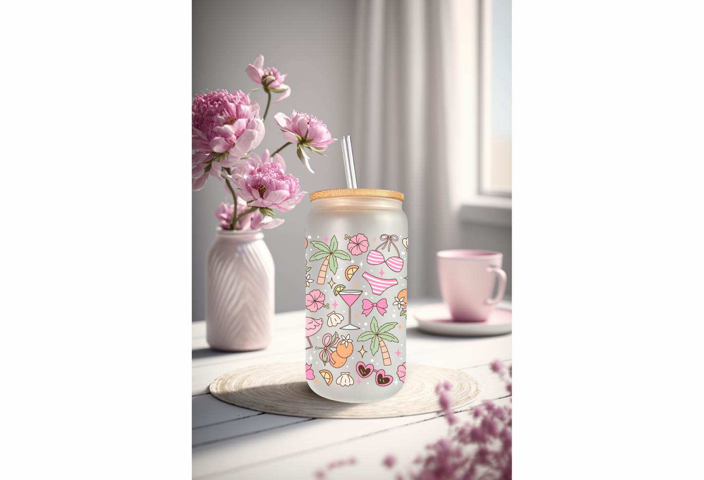 UVDTF Wrap Girly Flamingo Beaches 16oz Can Glass Mug Tumbler, Ready to apply, Permanent Waterproof Adhesive, Add on a Cup