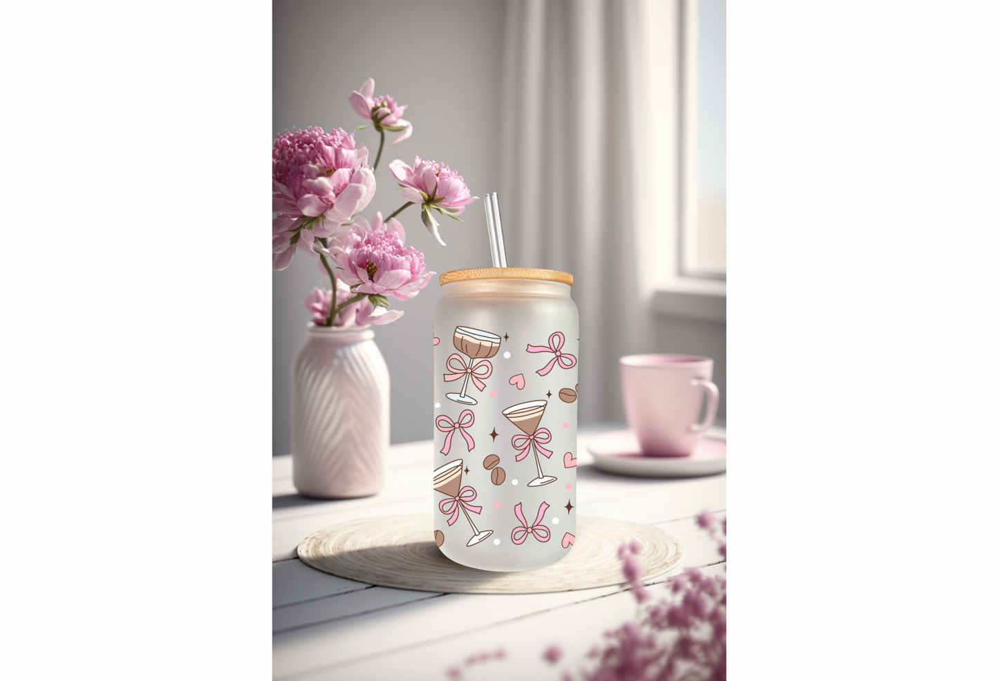 UVDTF Wrap Coquette Bow Expresso Martini 16oz Can Glass Mug Tumbler, Ready to apply, Permanent Waterproof Adhesive, Add on a Cup