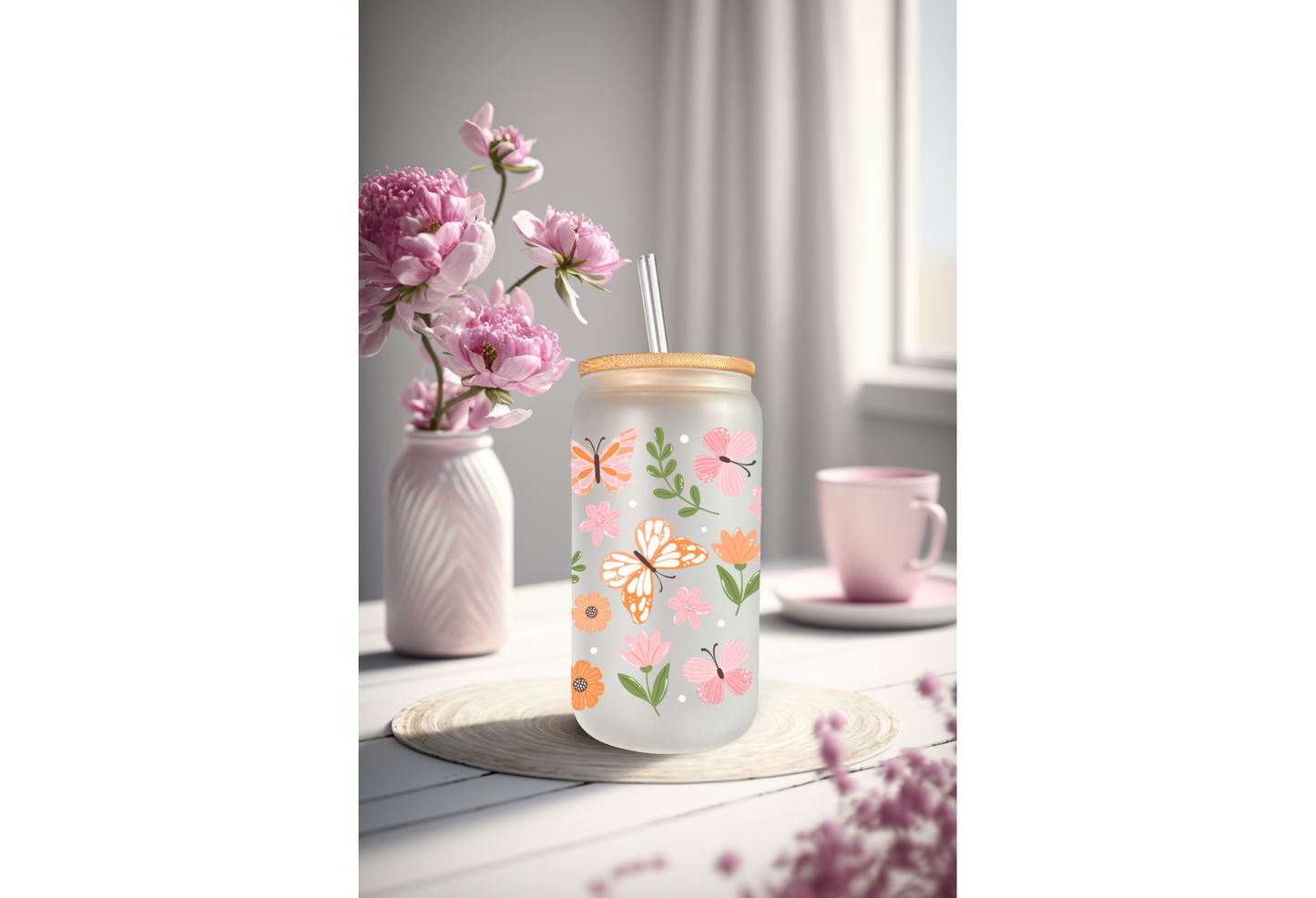 UVDTF Wrap Floral Butterfly 16oz Can Glass Mug Tumbler Wrap, Butterfly Wrap, Ready to apply, Permanent Adhesive, Double sided option