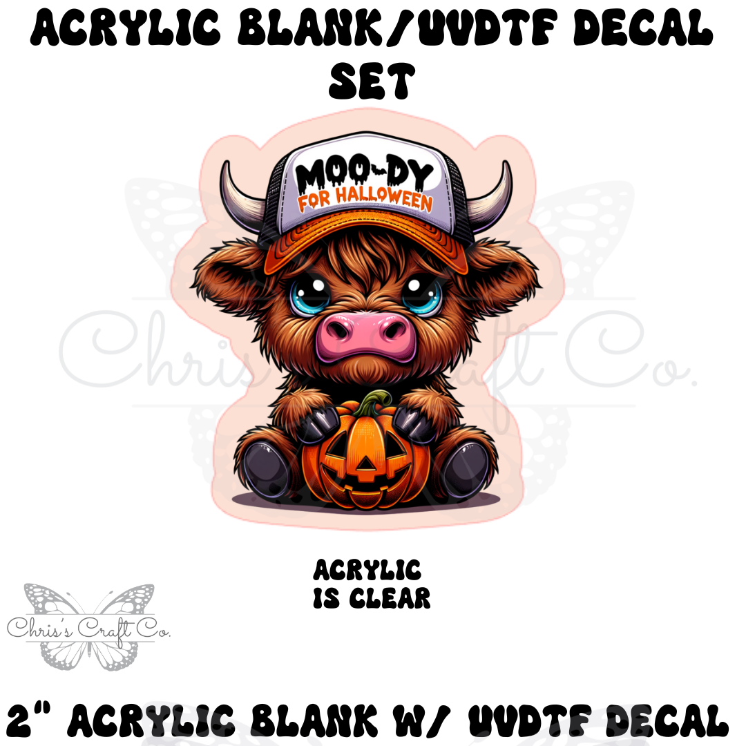 Acrylic Blank Decal Set Highland Cow Moo-dy Halloween DIY Badge Reels, Halloween Blank UVDTF sticker, Unfinished Badge Reel, Badge Reel Blanks
