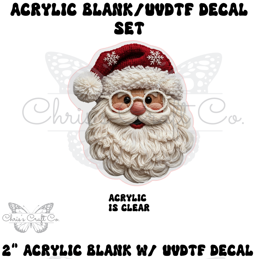 Clear acrylic blank with UV DTF decal featuring Santa with faux yarn, used for badge reels or keychains.