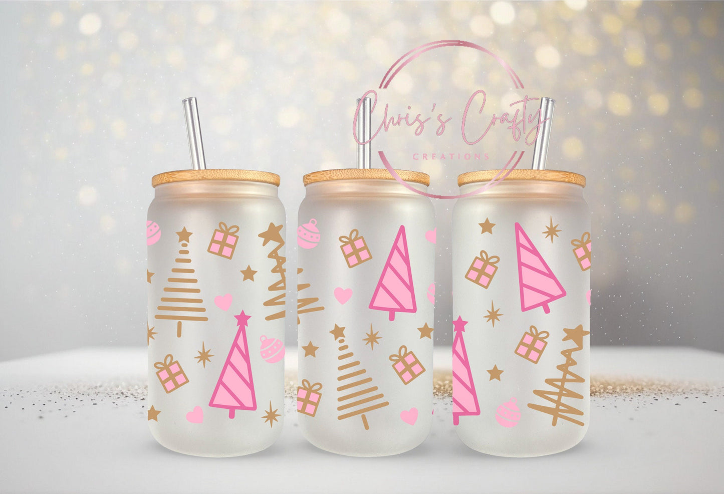 UVDTF WRAP Pink Gold Christmas Trees for 16oz Can Glass, Mug, Tumbler, Ready to Apply, Waterproof Permanent Adhesive