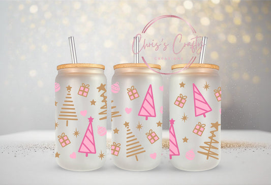 UVDTF WRAP Pink Gold Christmas Trees for 16oz Can Glass, Mug, Tumbler, Ready to Apply, Waterproof Permanent Adhesive