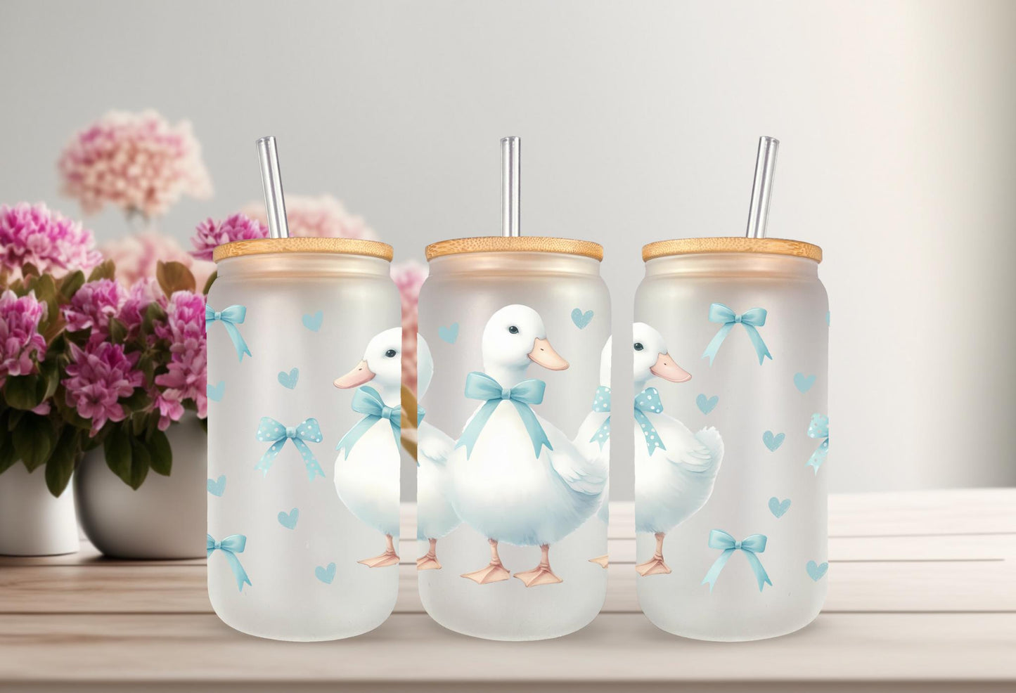 UVDTF Wrap Goose Blue Bows 16oz Can Glass Mug Tumbler, Ready to apply, Permanent Adhesive, Double sided option