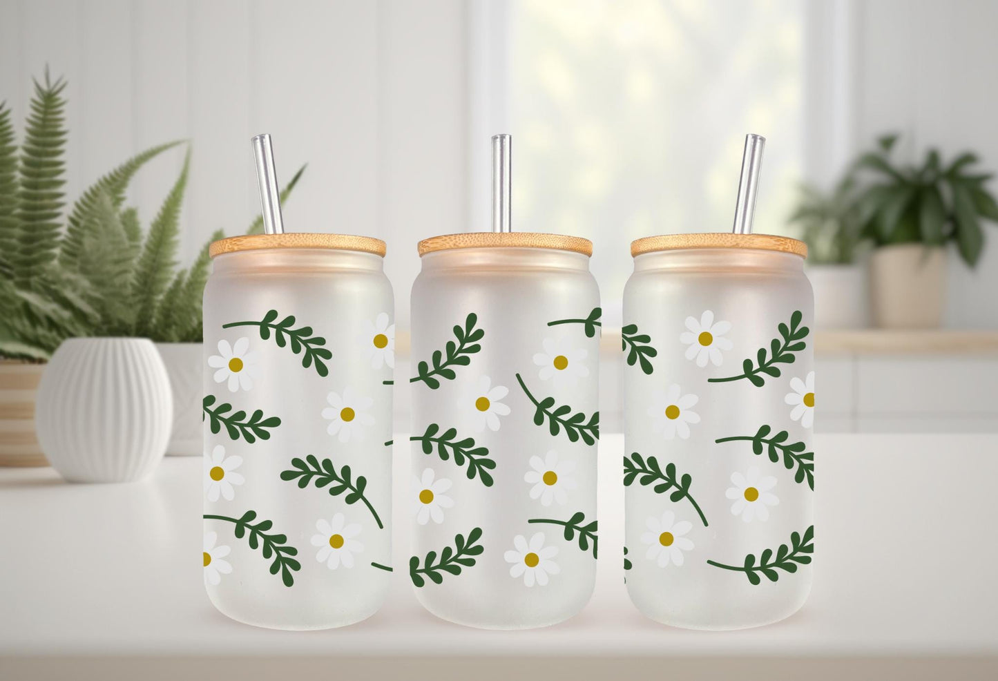 UVDTF Wrap Garden Daisy 20oz Can Glass Mug Tumbler, Floral Wrap, Ready to apply, Permanent Adhesive Waterproof, Double Sided Option