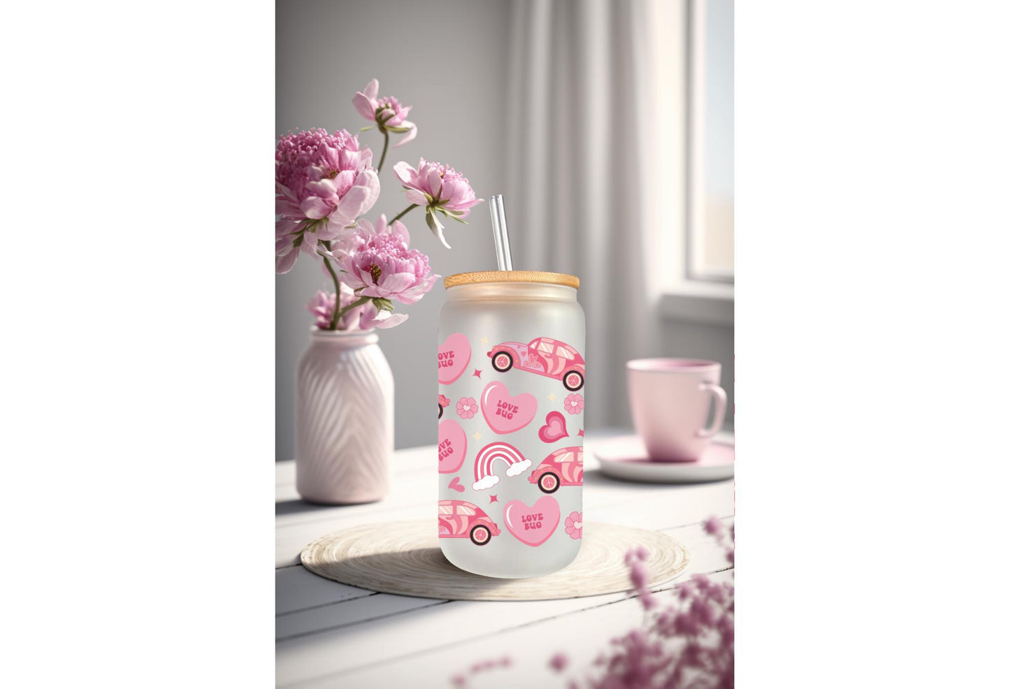 UVDTF Wrap Heart Valentine’s Love Bug 16oz Can Glass Mug Tumbler, Ready to Apply, Permanent Waterproof Adhesive
