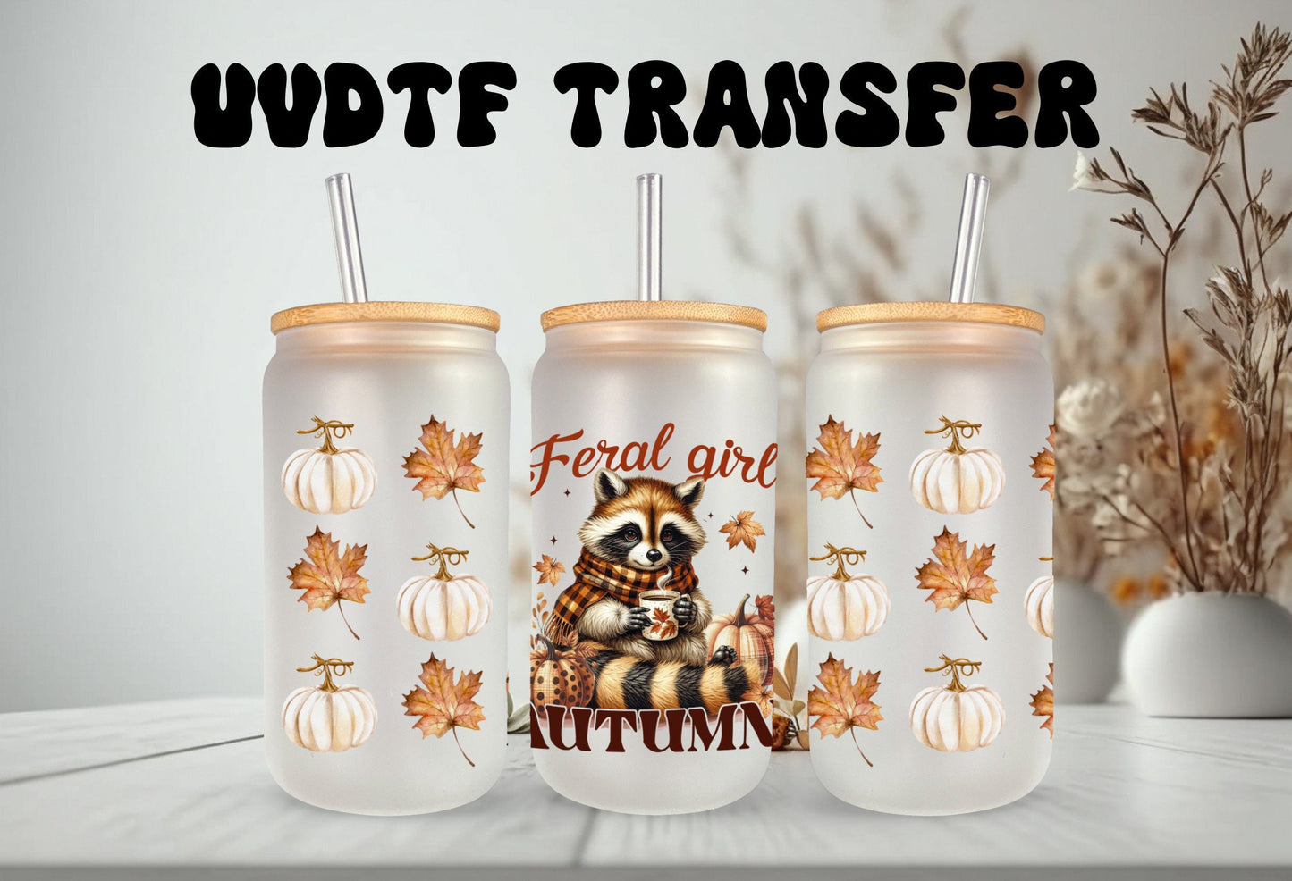 UVDTF Wrap Feral Girl Autumn Racoon Pumpkin for 16oz Can Glass Mug Tumbler, Ready to apply, Permanent Adhesive, Double Sided option