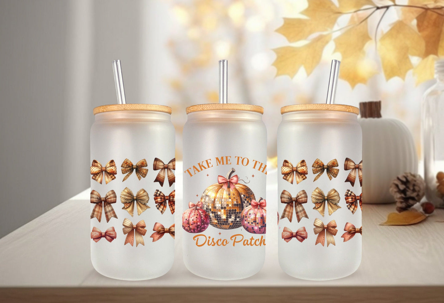 UVDTF Wrap Pumpkin Take Me to the Disco Patch for 16oz Can Glass Mug Tumbler, Ready to apply, Permanent Waterproof Adhesive, Double Sided option