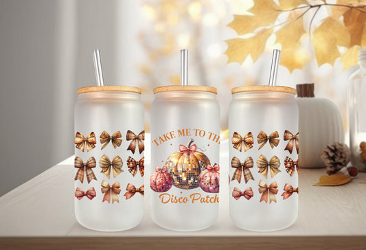 UVDTF Wrap Pumpkin Take Me to the Disco Patch for 16oz Can Glass Mug Tumbler, Ready to apply, Permanent Waterproof Adhesive, Double Sided option