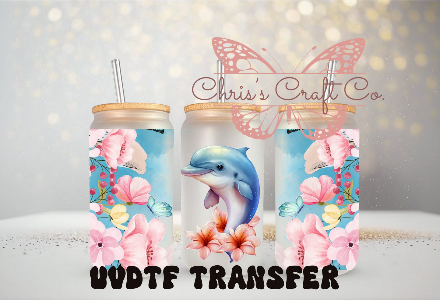 UVDTF Wrap Floral Dolphin 16oz Can Glass Mug Tumbler, Ready to Apply, Permanent Waterproof Adhesive