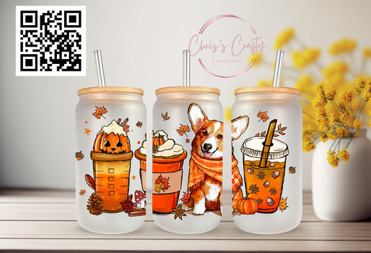 UVDTF Wrap Corgi Pumpkin Iced Coffee 6oz Can Glass Mug Tumbler, Fall Dog Wrap, Ready to apply, Permanent Waterproof Adhesive