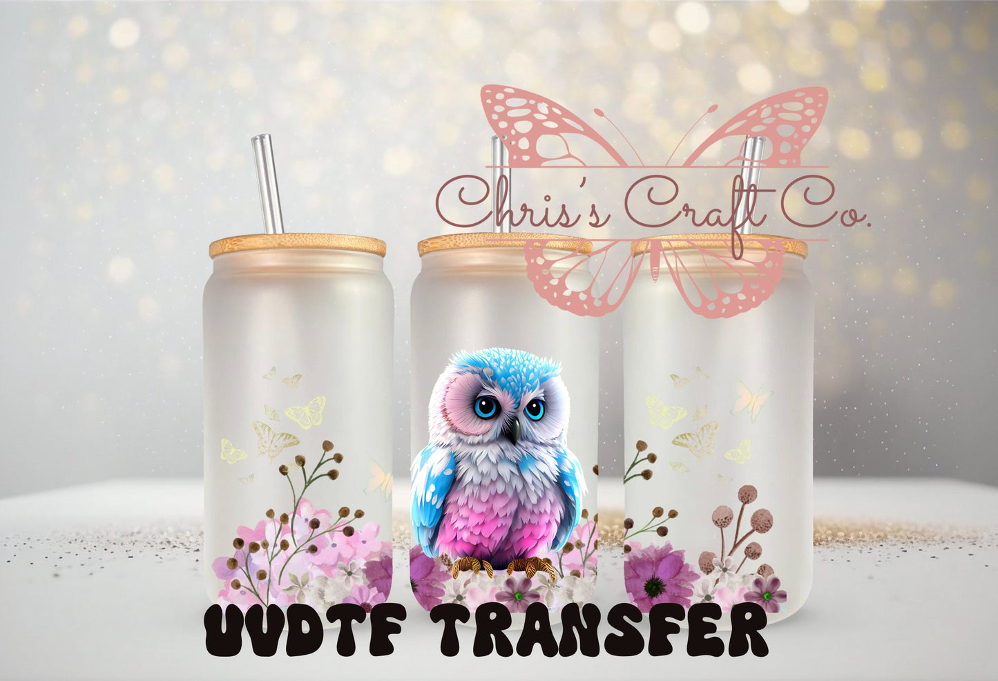UVDTF Wrap Colorful Owl and Butterflies 16oz Can Glass Mug Tumbler, Ready to Apply, Permanent Waterproof Adhesive, Add on a Cup