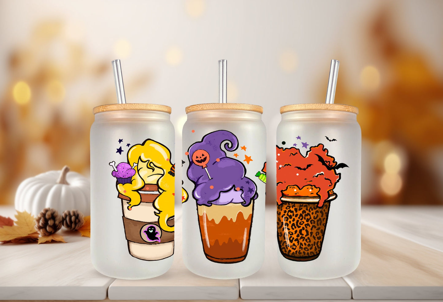 UVDTF Wrap Halloween Witches Iced Coffee for 16oz Can Glass Mug Tumbler, Halloween Wrap, Ready to apply, Permanent Waterproof Adhesive