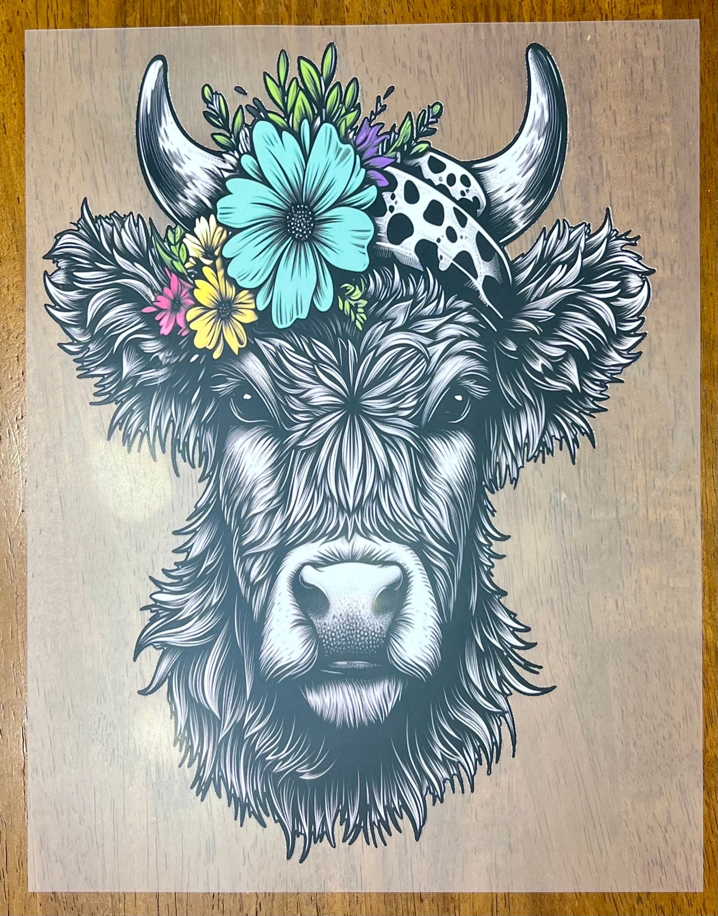 Screenprint Color Highland Cow Colorful Flowers, Full Color Transfer, Ready to Press, Full Color Matte Clear Transfer
