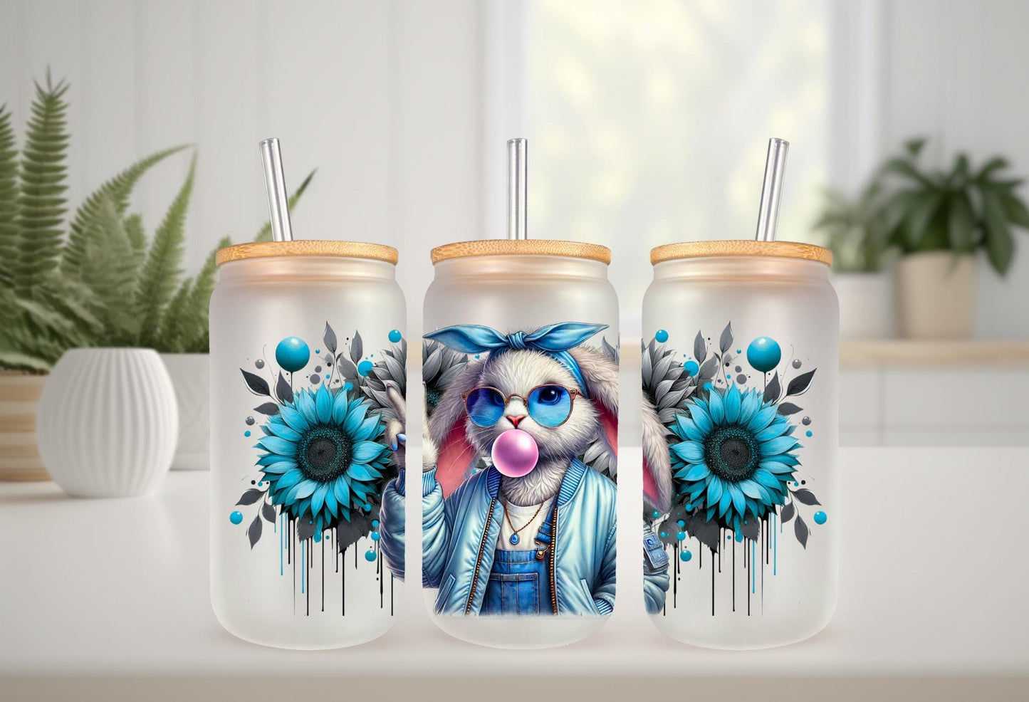 UVDTF Wrap Floral Bunny Bubble Gum 16oz Can Glass Mug Tumbler, Ready to Apply, Permanent Waterproof Adhesive