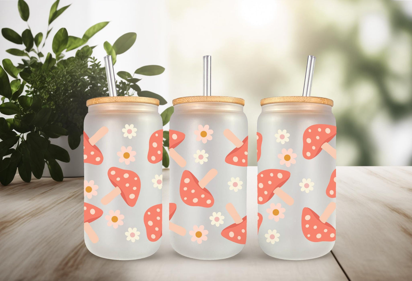 UVDTF Wrap Floral Mushrooms 16oz Can Glass Mug Tumbler, Ready to Apply, Permanent Waterproof Adhesive