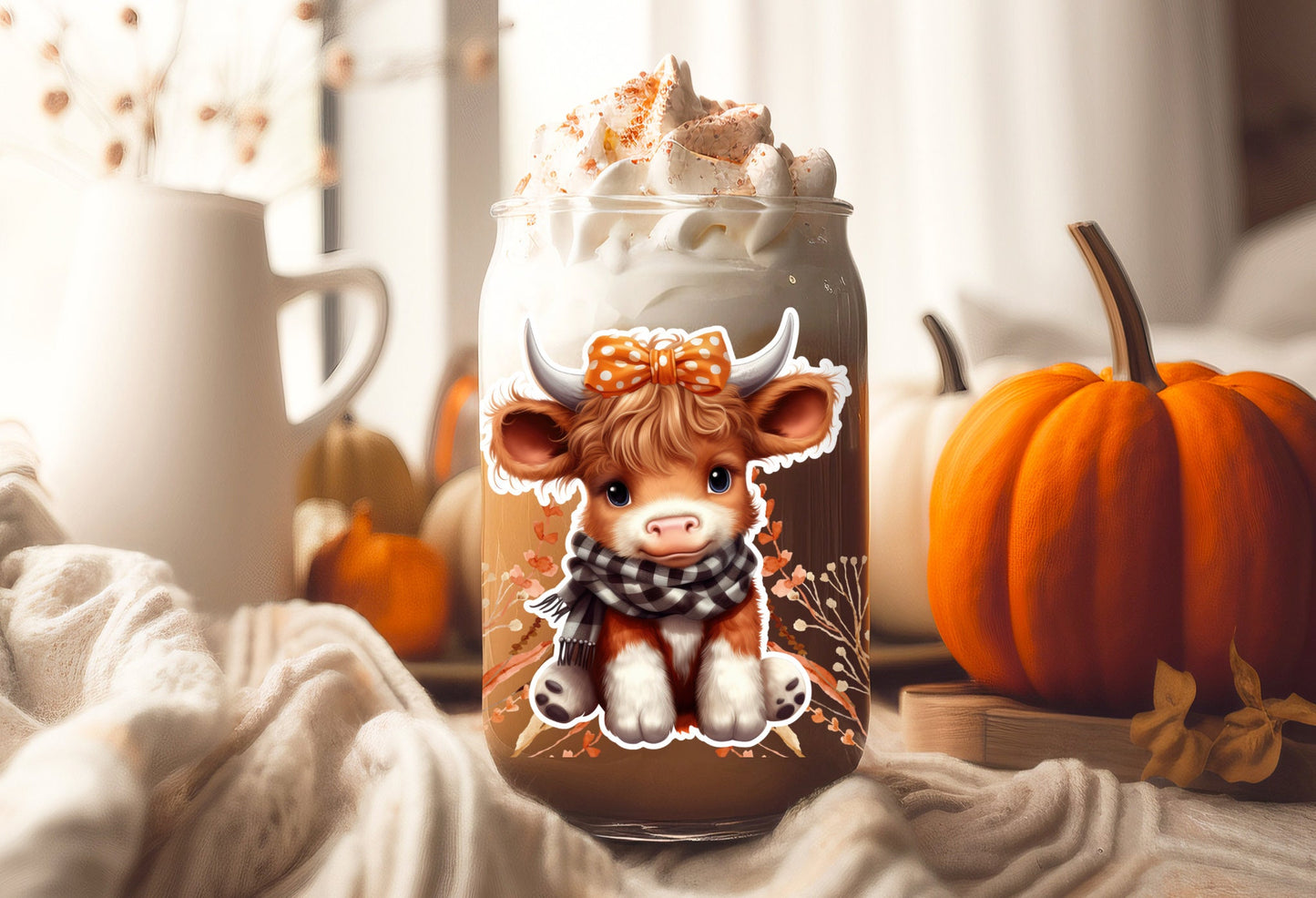 UVDTF Wrap Cute Fall Cow Girl Floral 16 oz Can Glass, Mug, Tumbler, Ready to apply, Permanent Waterproof Adhesive