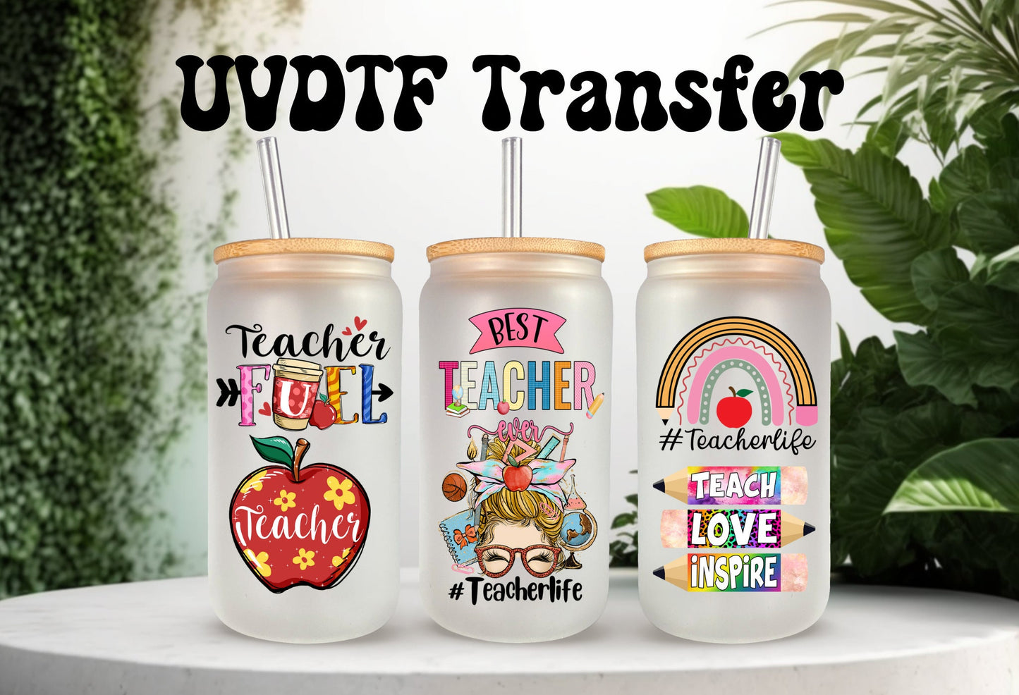 UVDTF Wrap Best Teacher Apple 16oz Can Glass Mug Tumbler, Teacher Life, Ready to Apply, Permanent Waterproof Adhesive