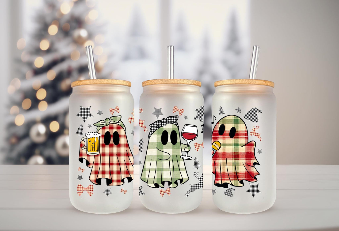 UVDTF Wrap Plaid Drinking Ghosts 16oz Can Glass, Mug,  40oz  Tumbler, Halloween Ghost Wrap, Ready to apply, Permanent Adhesive