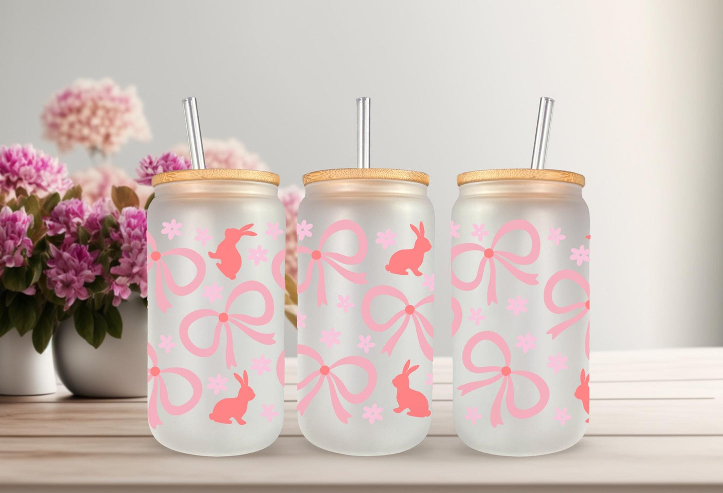 UVDTF Wrap Bunny Coquette Bows Dark 16oz Mug Tumbler, Easter Wrap, Ready to Apply, Permanent Waterproof Adhesive, Double Sided Print Option