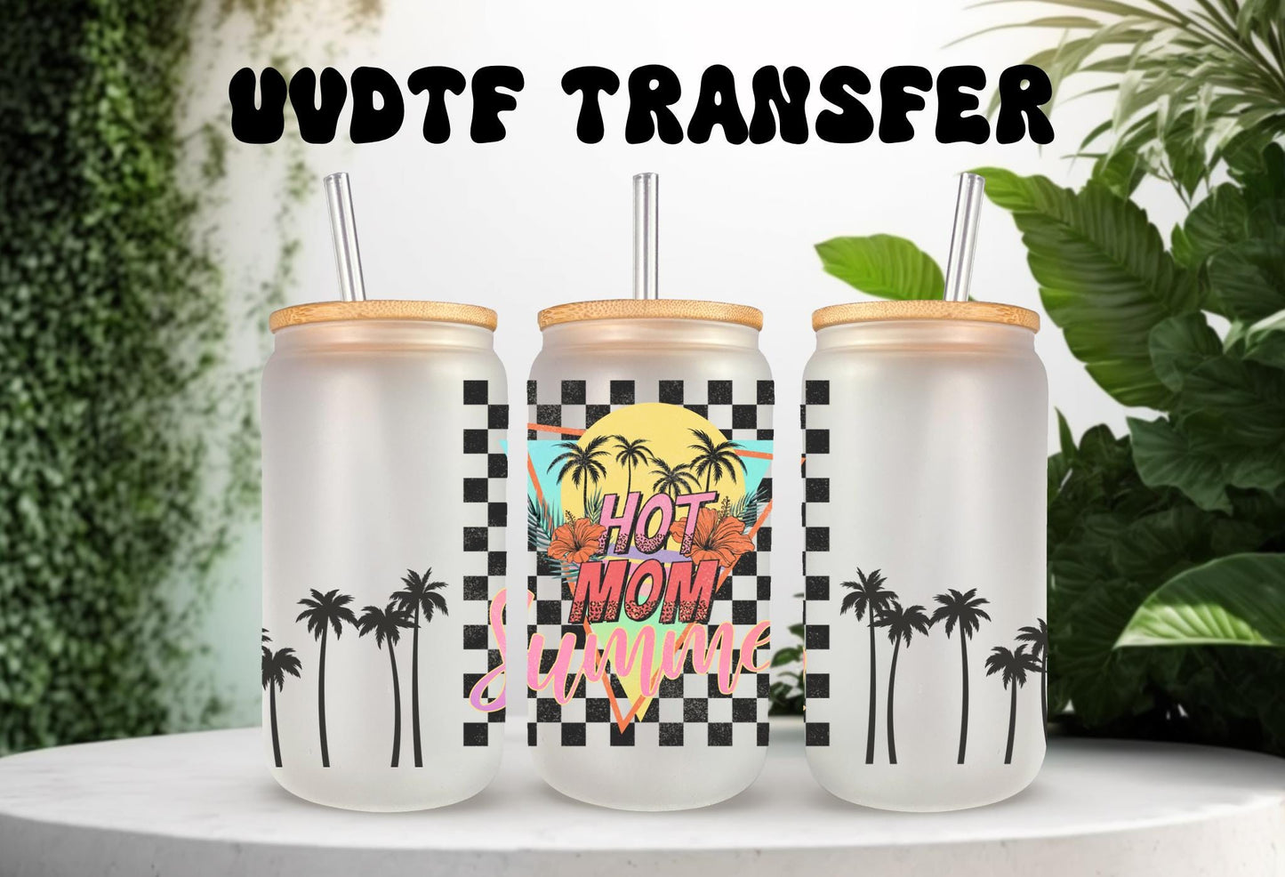 UVDTF Wrap Hot Mom Summer Checkered Palm 16oz Can Glass Mug Tumbler, Ready to apply, Permanent waterproof adhesive