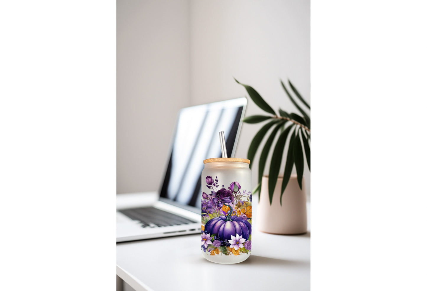 UVDTF Wrap Fall Pumpkin Purple Floral 16oz Can Glass  Mug Tumbler Wrap, Ready to apply, Permanent Adhesive, Double sided option