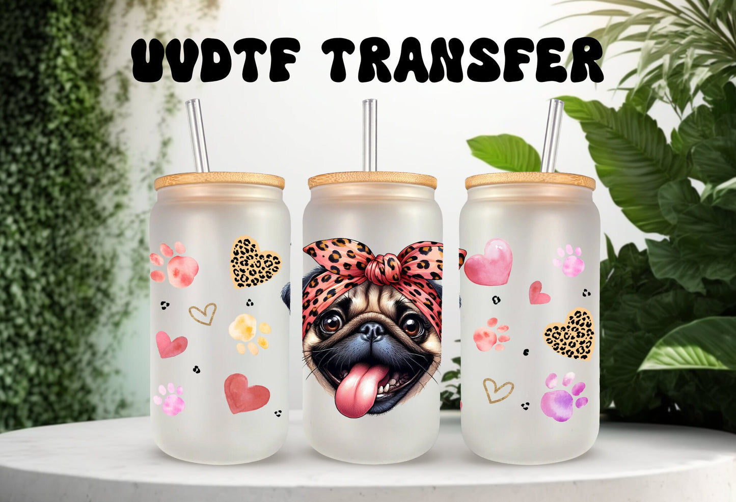 UVDTF Wrap Cute Pug 16oz Can Glass Wrap, Mug Tumbler, Dog Mom, Ready to apply, Permanent Adhesive, Double sided option