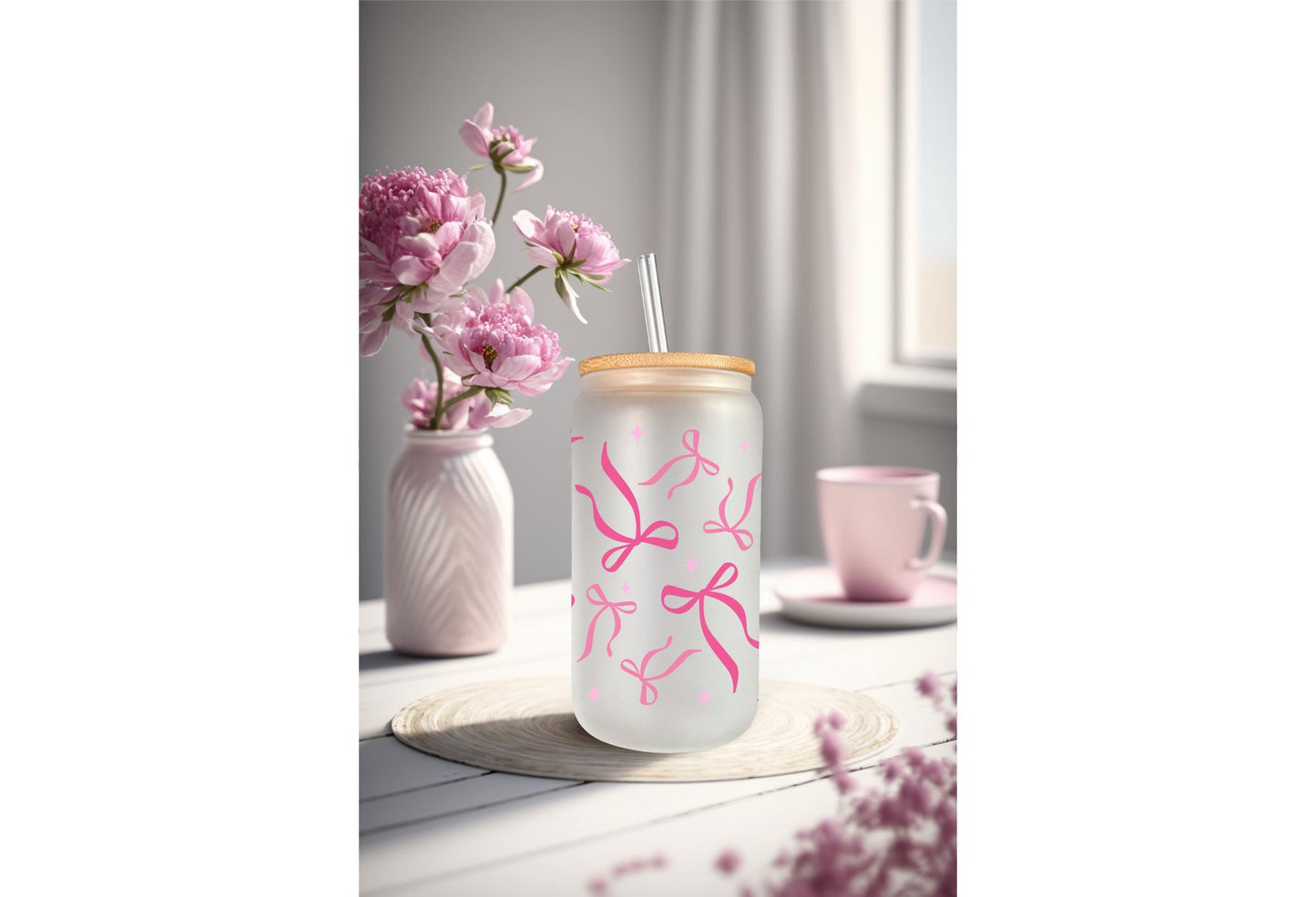 UVDTF Wrap Coquette Bows Dark Pink 16oz Can Glass Wrap Mug Tumbler, Ready to Apply, Permanent Waterproof Adhesive