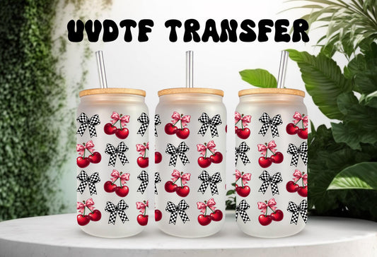 UVDTF Wrap Cherry Checkered Bows 16oz Can Glass Mug Tumbler Wrap, Geese Wrap, Ready to apply, Permanent Adhesive, Double sided option