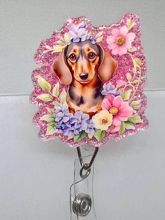 Floral Dachshund Badge Reel – Glitter Pink Design with Weiner Dog and Flowers, Retractable ID Holder for Pet Lovers