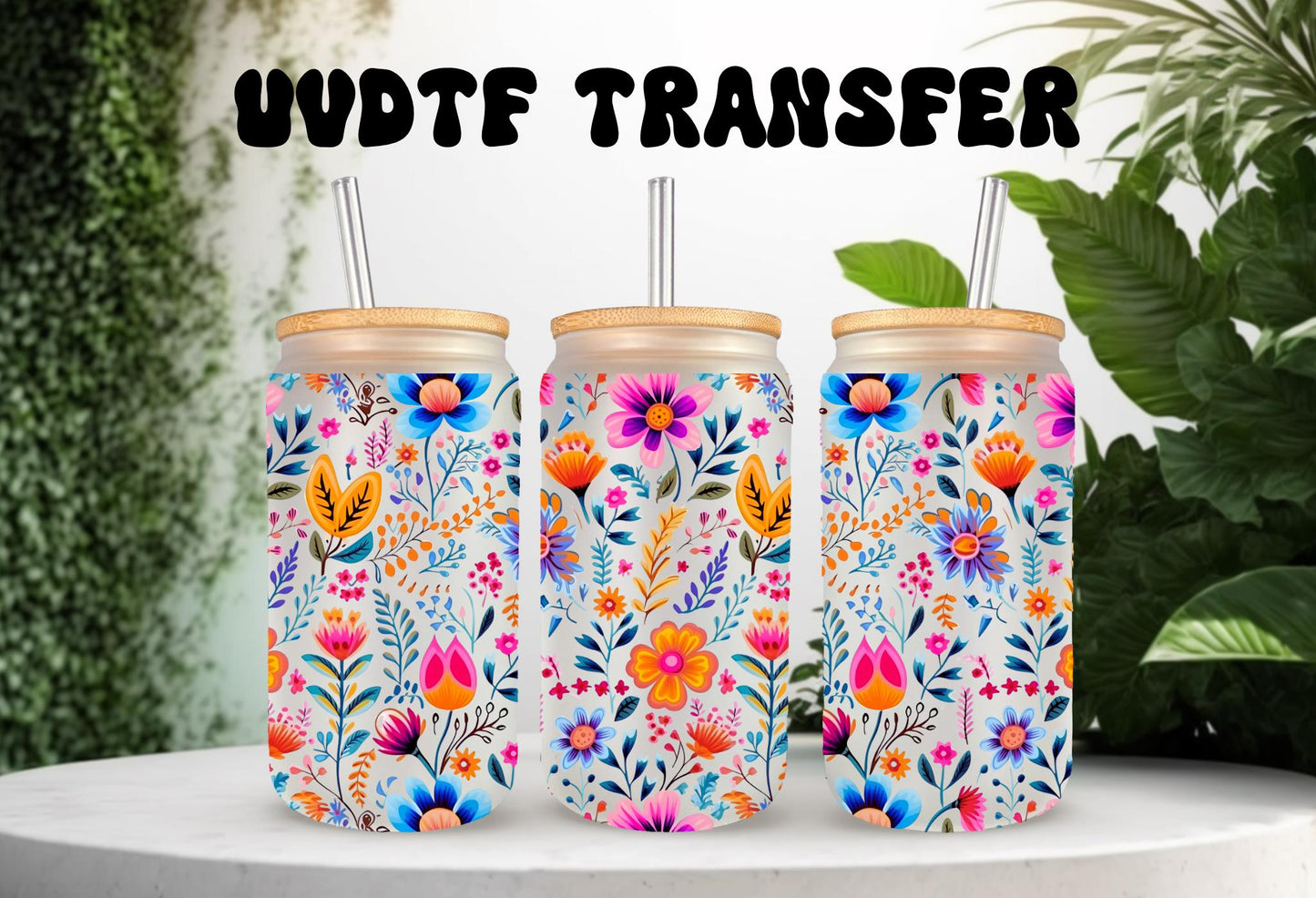 UVDTF Wrap Boho Flower for 16oz Can Glass Mug Tumbler, Floral Wrap, Ready to apply, Permanent Waterproof Adhesive